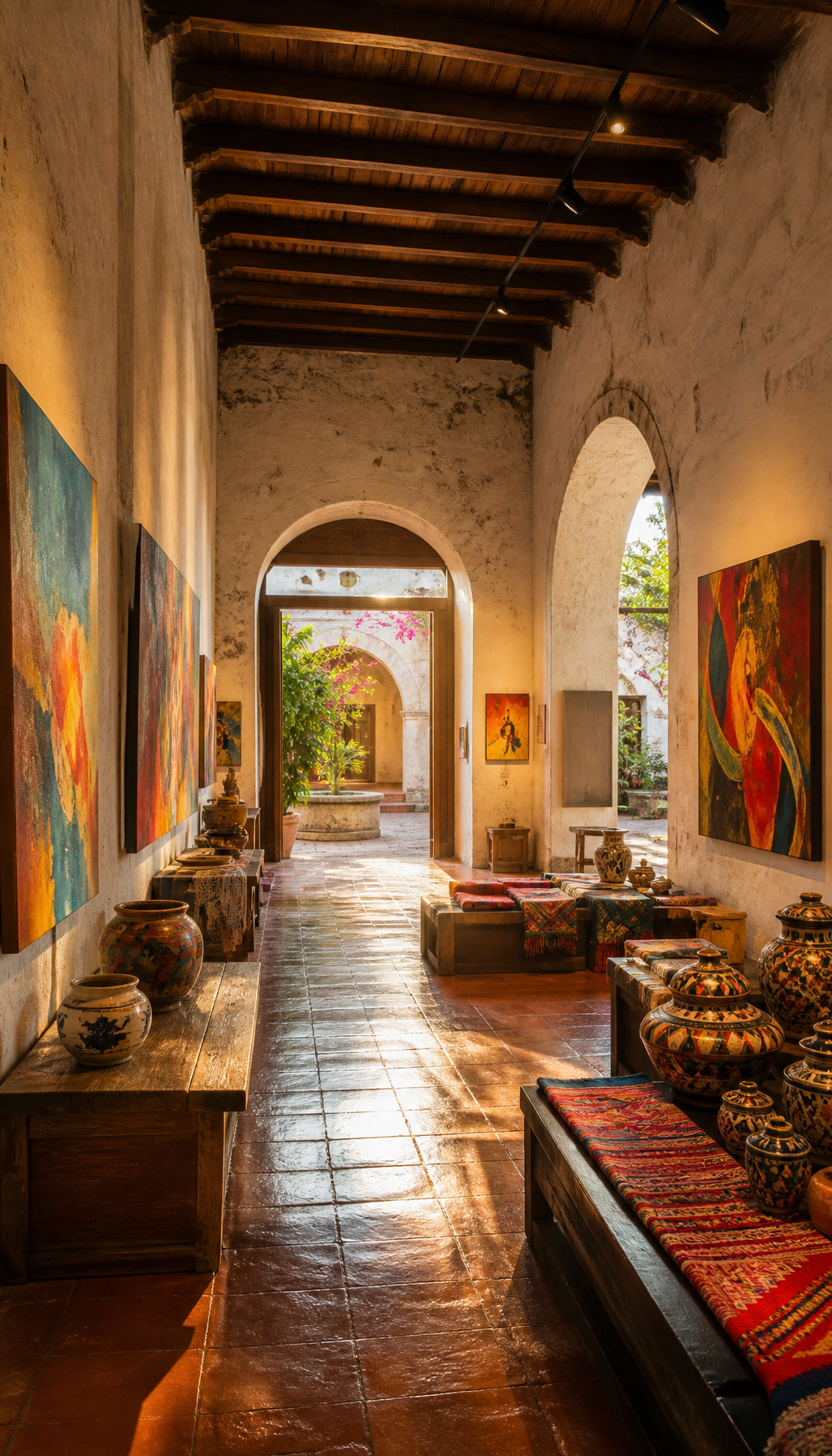 Art gallery interior in Antigua Guatemala with colorful paintings and colonial architecture