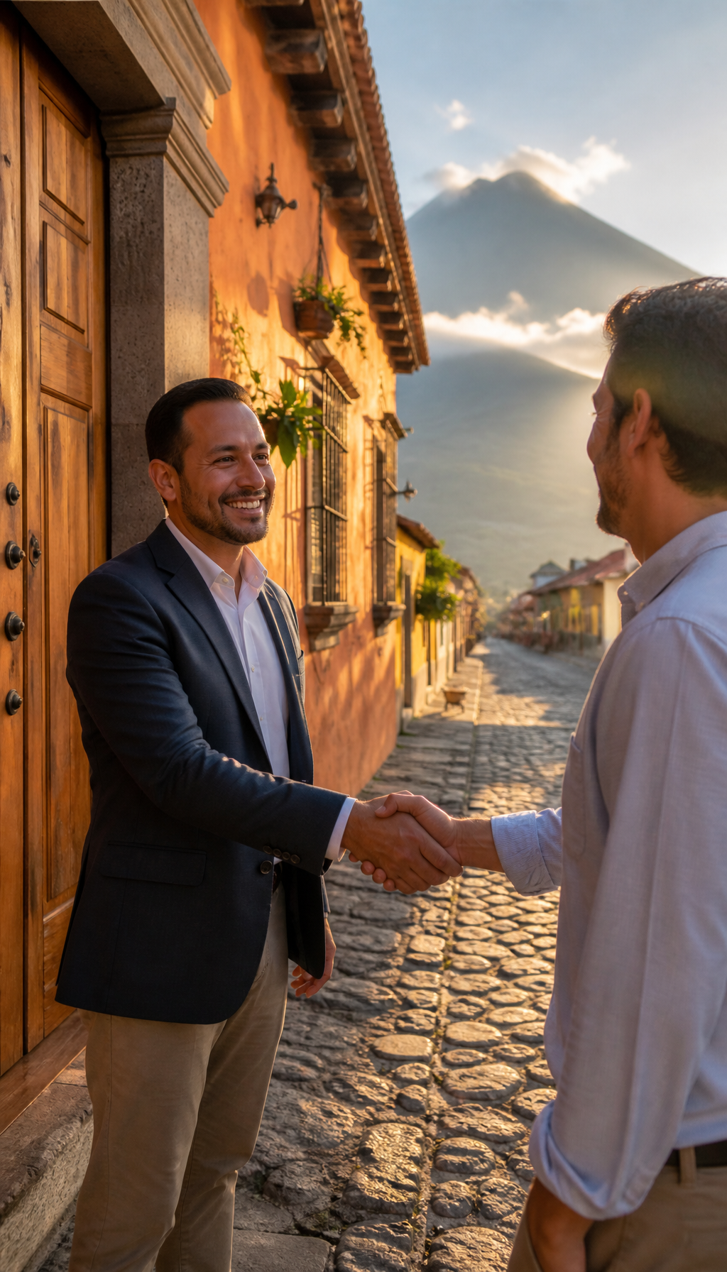 Colonial architecture and cobblestone street in Antigua Guatemala with property For Sale sign in warm golden hour light