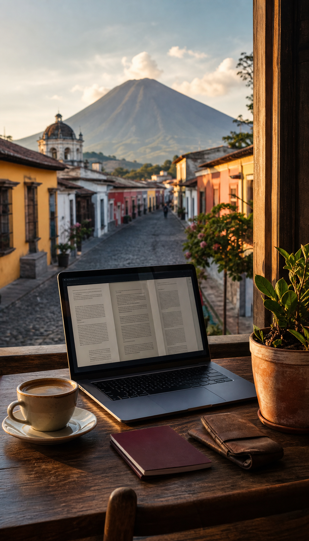 Business documents and laptop with colonial Antigua Guatemala street in background, photorealistic